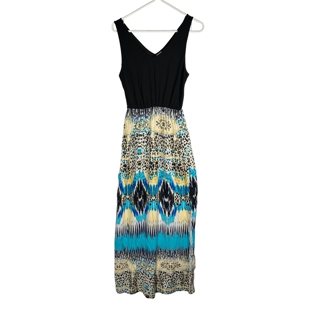 Faded Glory Womens Ikat Leopard Print Maxi Dress Black Turquoise Size‎ M 8-10